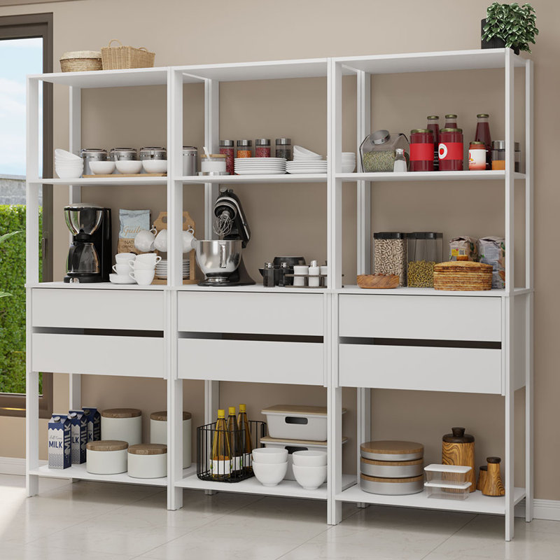  Armoire de rangement pour garde-manger avec 6 tiroirs et tablettes ouvertes L 82 po, Blanc