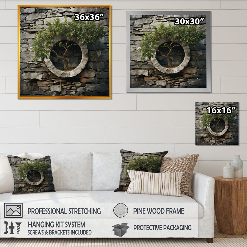 Minimalisme Bonsai In Wreath, reproduction d'art sur toile, Cadre flottant doré, H 36 po x l 36 po x P 1,5 po