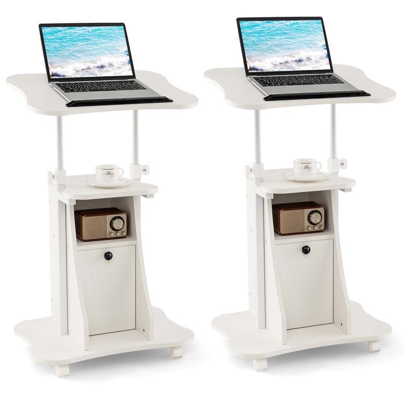 Costway 2 Pcs Mobile Podium Stand Office Laptop Cart With Storage Adjustable Height White