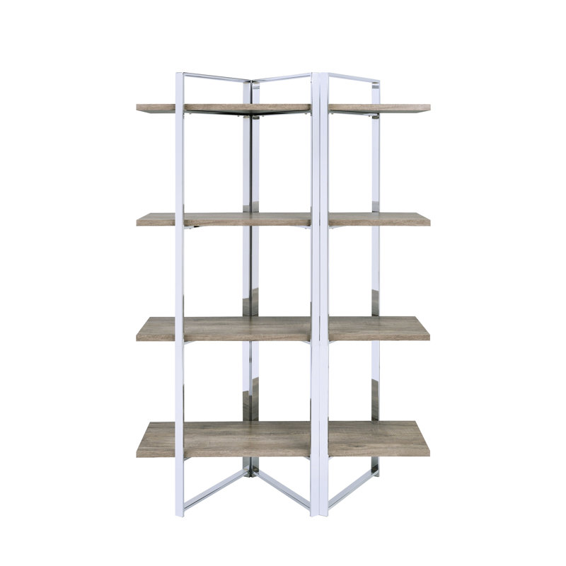 Grande bibliothèque autoportante avec base en métal au fini et 4 tablettes en bois rectangulaires pour le rangement de l'organisation