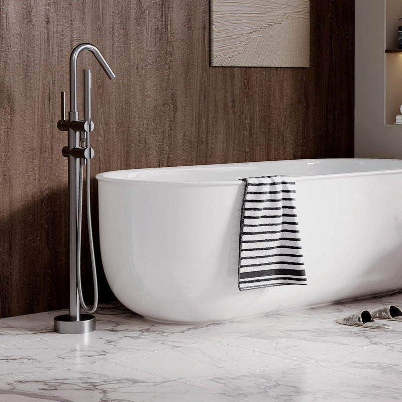 Robinet de baignoire autoportant à fixation au sol, robinet de salle de bain haut débit avec douchette et bec pivotant