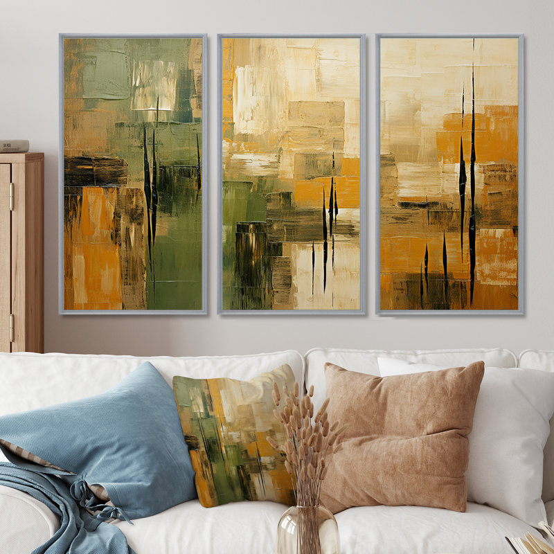 «Green Beige Wild Essence Collage I», art mural tachisme, H 32 po x l 48 po x P 1 po, Encadrement argenté