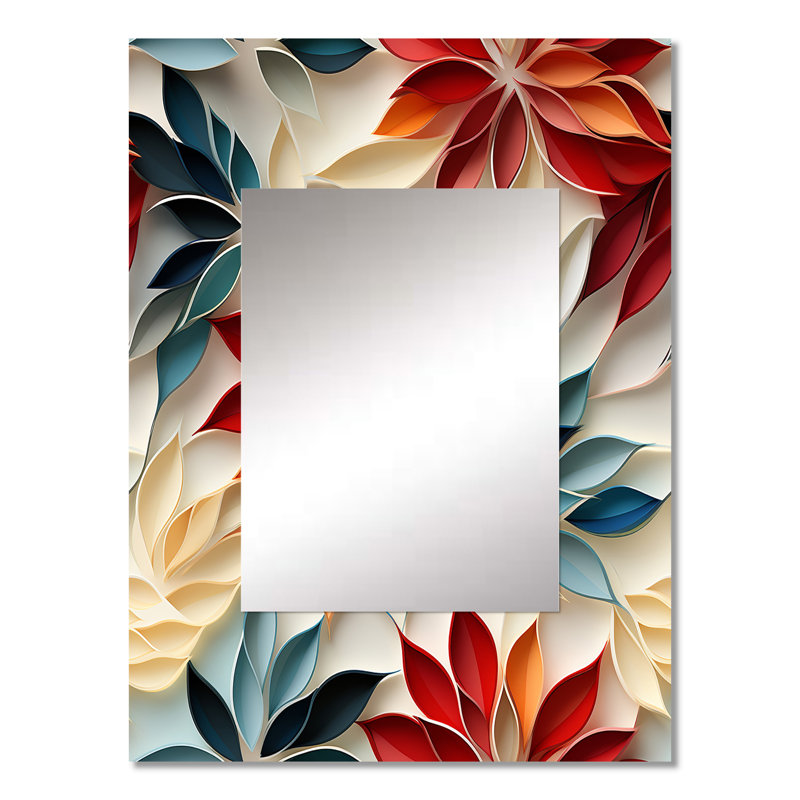 Mosaïque florale zen rouge et bleue Arhondis - grand miroir mural botanique, miroir décoratif bohème, impression d'art en métal