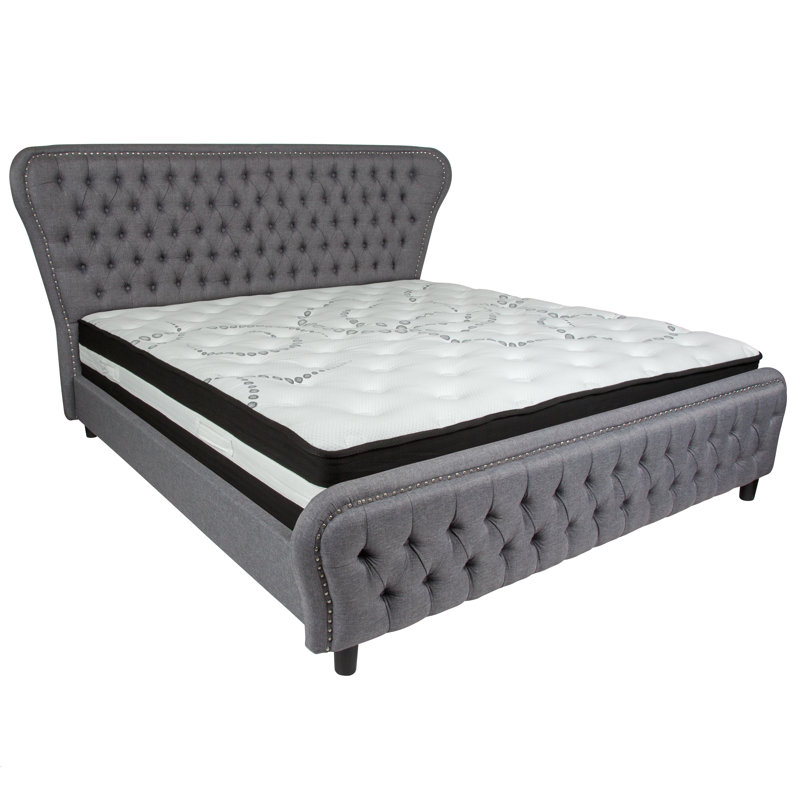 Lit plateforme tapissier avec matelas Tamia, Très grand, Gris clair