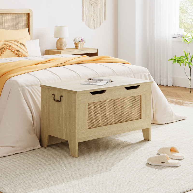 Banc de rangement en bois 30 po avec charnière de sécurité pour le salon, la chambre à coucher, Beige