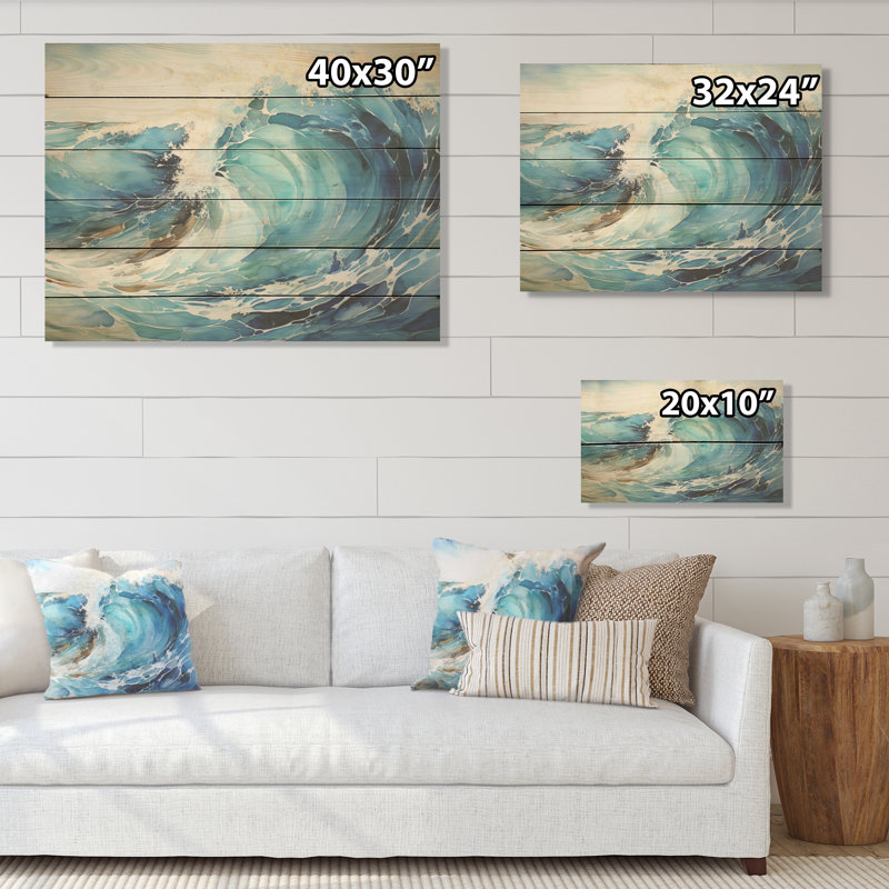 Blue Wave Ocean Storm I - art sur bois de pin naturel, H 10 po x l 20 po