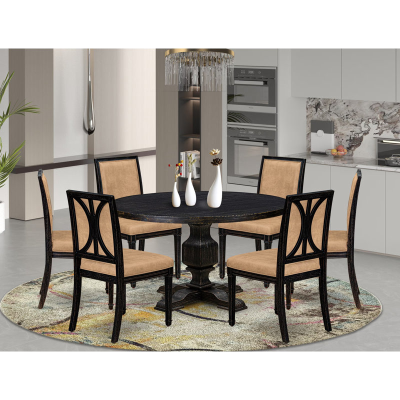 L'ensemble de table de salle à manger 7 pièces se compose d'une table ronde en bois et de 6 chaises en polyester gris foncé avec dossier haut, finition noire sablée.