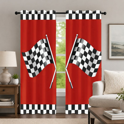 Rideaux à motif de drapeau de course (lot de 2), rideaux à carreaux sportifs, panneaux de fenêtre à œillets imprimés sur fond dynamique, décoration intérieure pour chambre ou salon