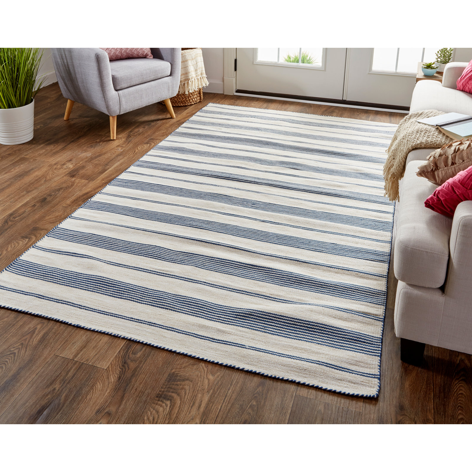 Perci Navy Hand-Woven Striped Rug, Rectangle 4' x 6'