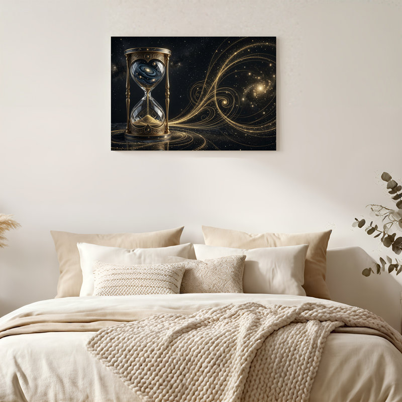 Sablier doré orné avec galaxie tourbillonnante, art mural, 16"H x 24"W