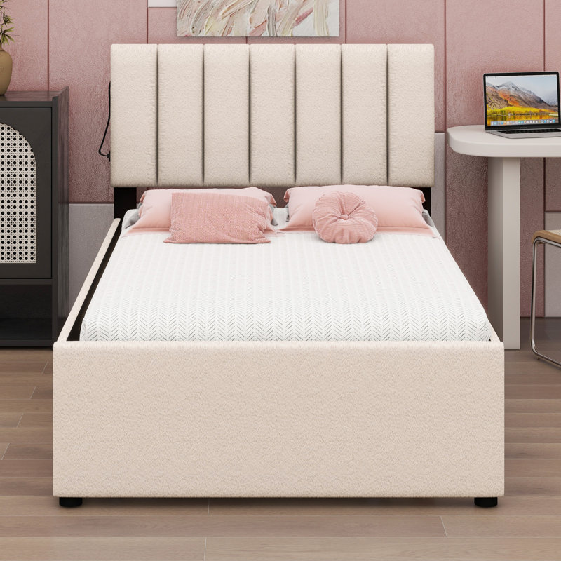Lit plateforme tapissier avec lit gigogne, Beige