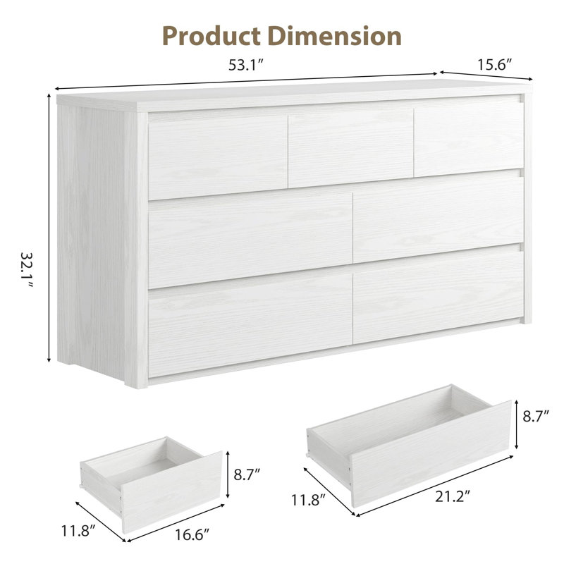 Commode blanche en bois à 7 tiroirs - Commode large sans poignées pour l'organisation de la chambre à coucher