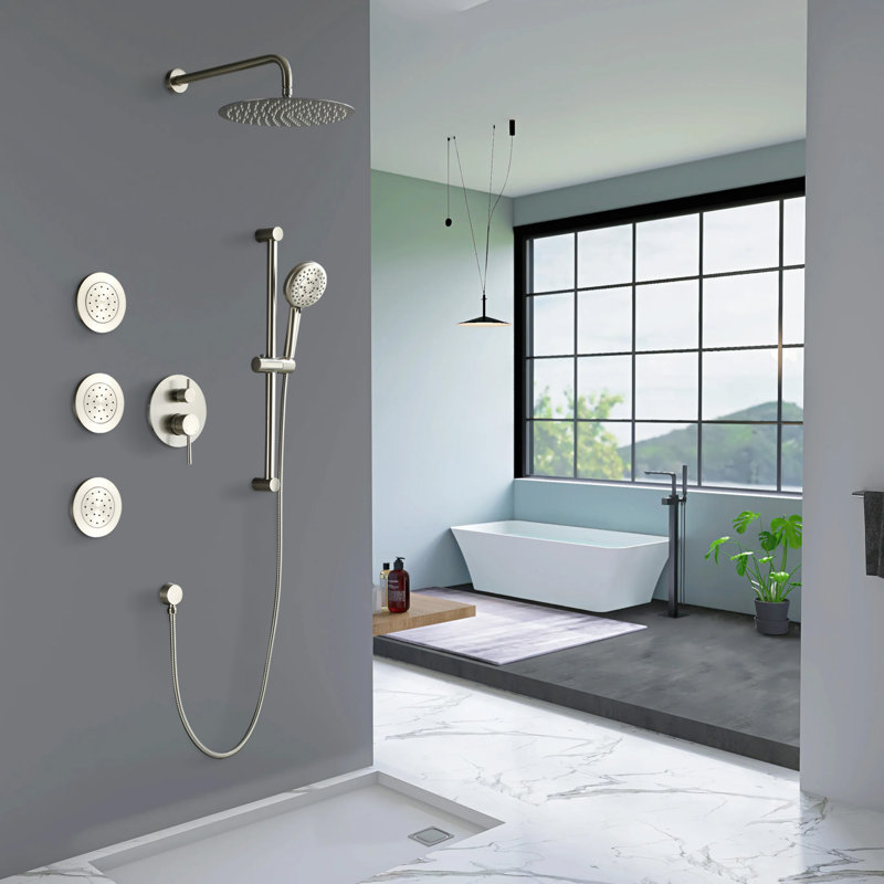 12 Inch Slide Bar Shower System,round Shower Sets Complete Rain Shower Head And 3-spray Handheld Combo,wall Mounted