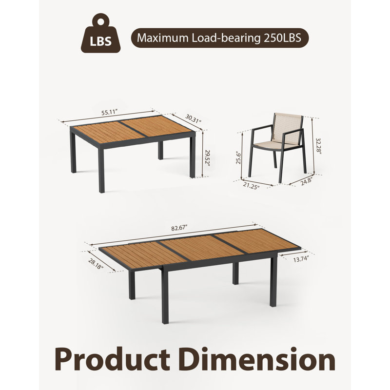 Expandable Patio Dining Table For 4-8 People, Aluminum Outdoor Square Table(55"-82.7") With Safety Lock,adjustable Height-wood Grain For Backyard,garden,porch, Yard,poolside,grey