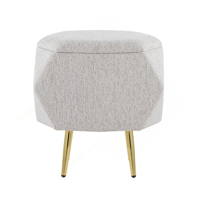 Ottoman In Gold Metal And Light Grey Fabric With Storage, Light Gray