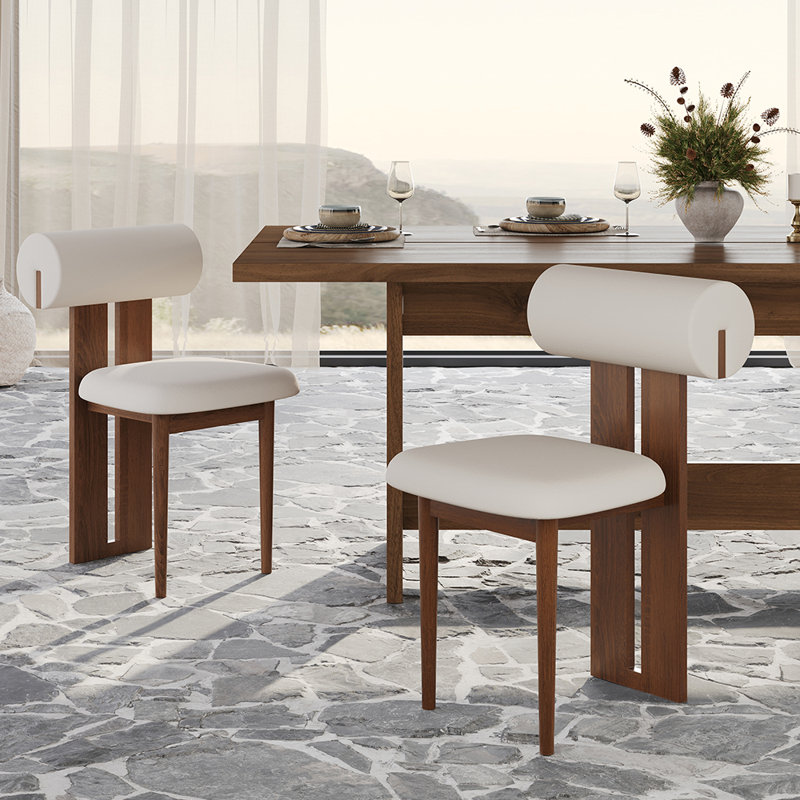 Set Of 2 Upholstered Dining Chairs - Walnut Wood Frame, Faux Leather Seat & Cylindrical Backrest, No Assembly Required, Contemporary Side Chairs With Open Slat Design