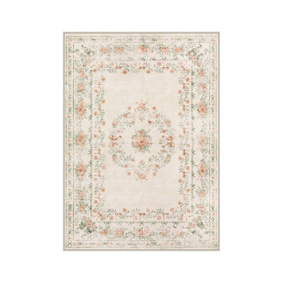 French Floral Area Rug 5 × 7 Ft for Bedroom, Cream Pink