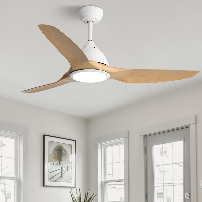 Ventilateur de plafond moderne à 3 pales de 52 po avec lumières DEL Lakenzie - blanc et beige, Blanc, Bois naturel