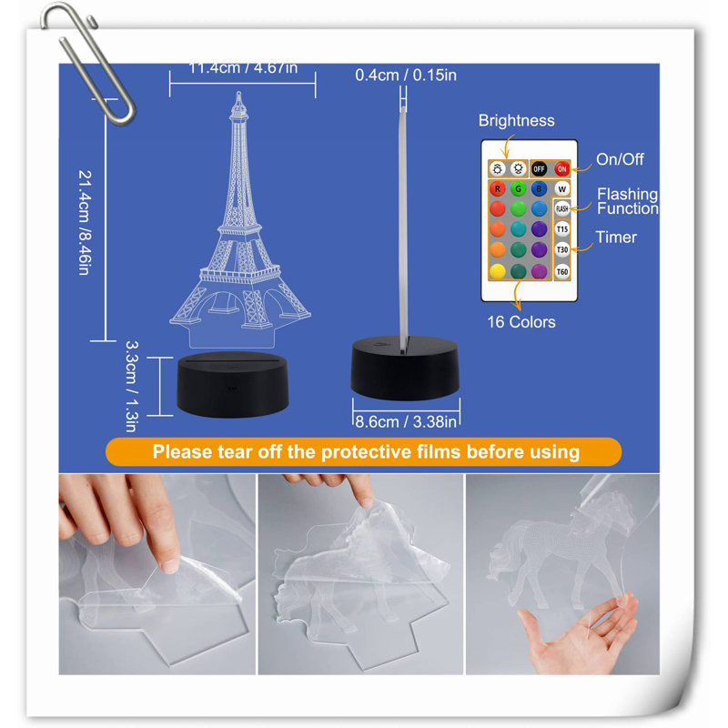 Eiffel Tower Nightlight 3D Illusion Lamp Visual Bedroom Decoration LED Lamp With Remote Control 16 Colour Changing Paris Fashion Style Acrylic Gifts For Birthday Xmas
