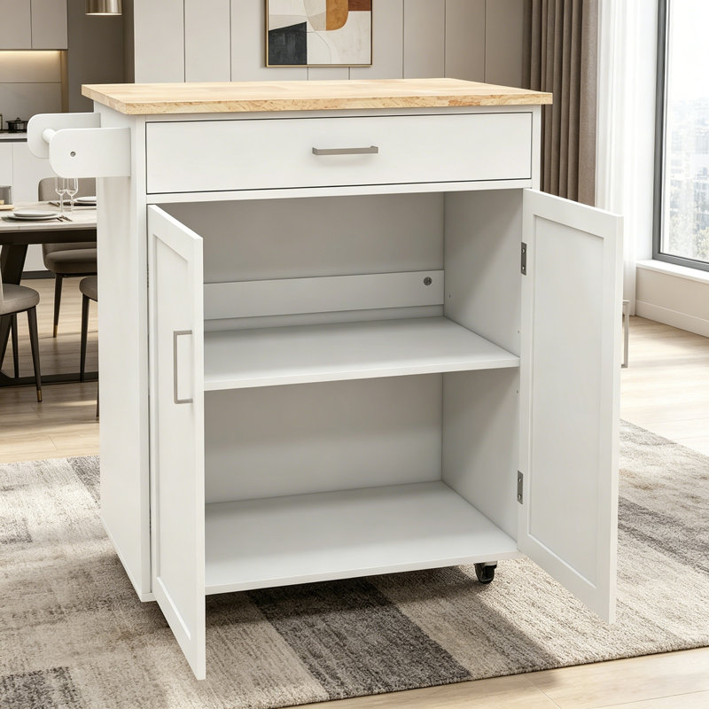 Adjustable Shelves Kitchen Island Trolley Cart with Towel Rack and Rubber Wood Top for Enhanced Storage and Mobility