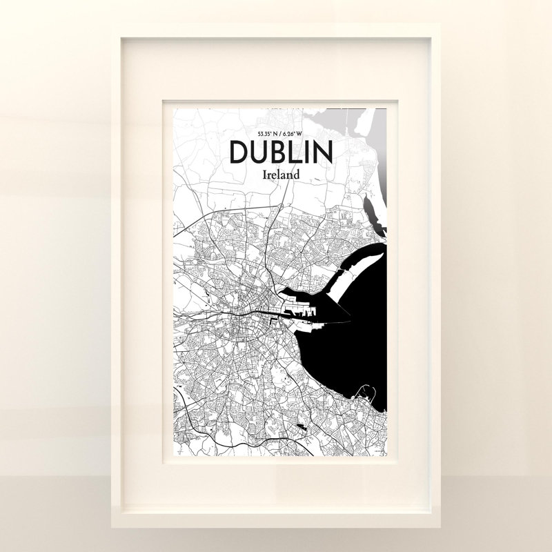 «Dublin City Map», impression de luxe, H 36 po x l 24 po, Noir / blanc
