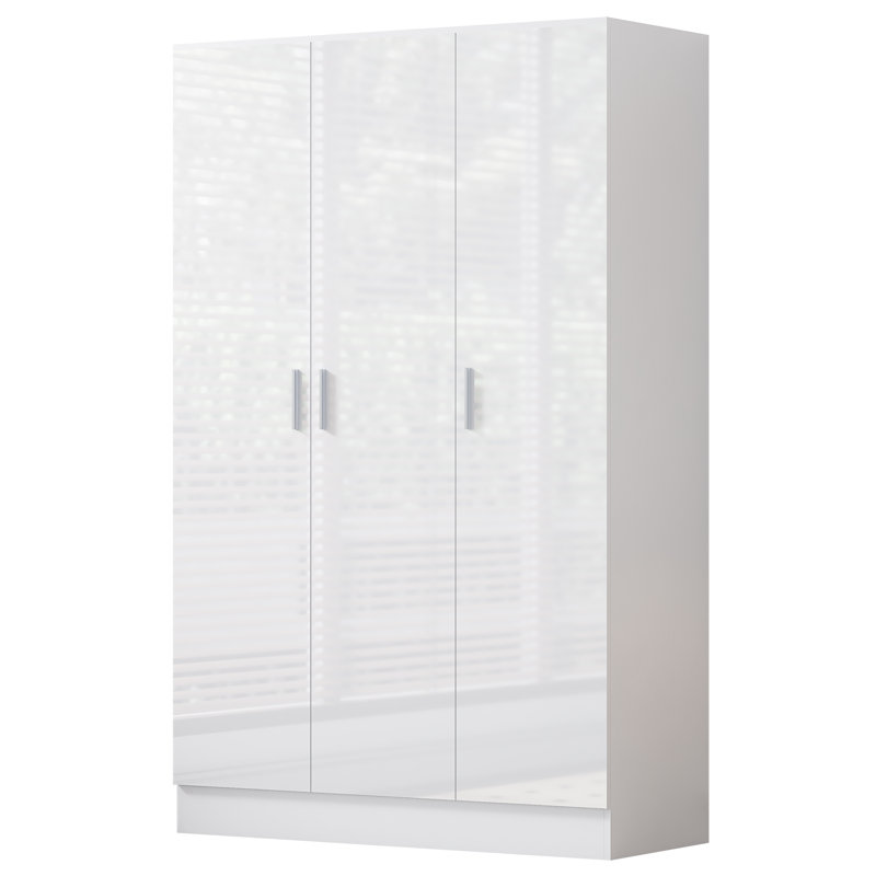 Eva High Gloss Plain 3 Door Wardrobe - H: 180cm x D: 47cm x W: 113cm, Matte White/Gloss White