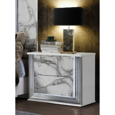 Table de chevet en marbre blanc Moon avec design moderne et magnifique, accents riches, haute brillance, bois massif et fabrication, 26,85 po de profondeur, 17,54 de largeur, 24,94 de hauteur, 60,38 lb de table de chevet de style épuré,