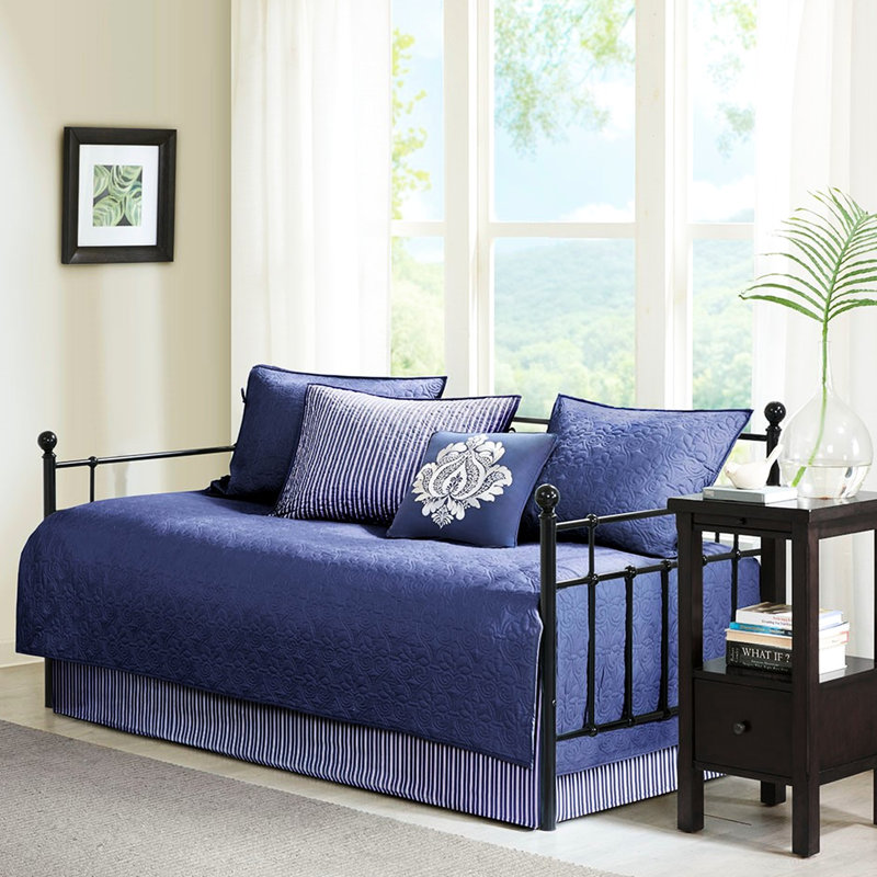Lit de jour réversible bleu marine 6 pièces - couvre-matelas simple, chute de 17 po, 3 taies décoratives, chute de 15 po, 1 coussin décoratif, housse de rembourrage en coton de qualité supérieure avec exquis de 17 pouces et 15 pouces