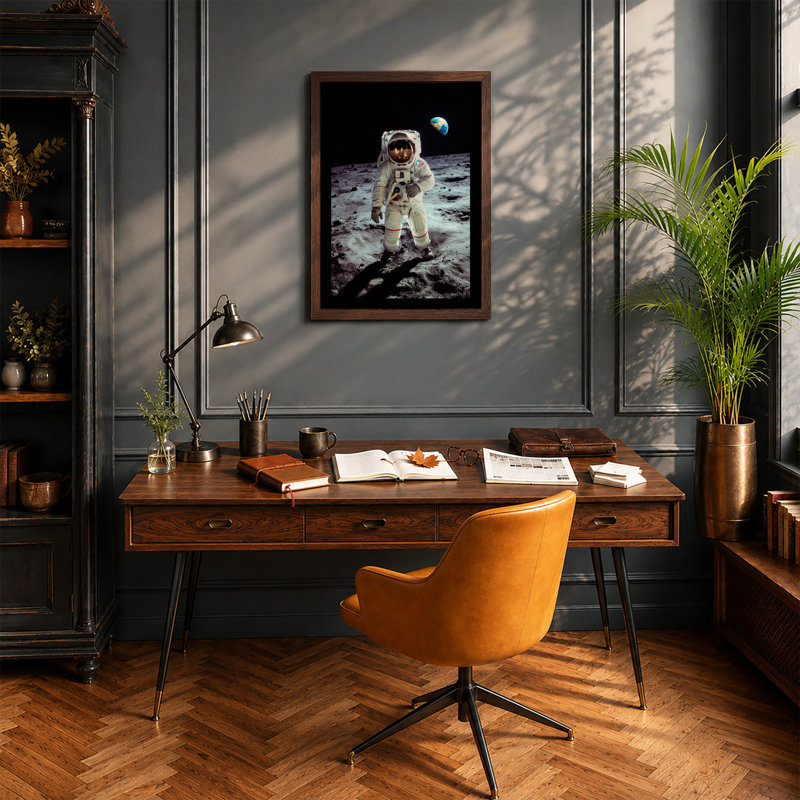 Astronaut On The Moon Modern - Print, Walnut, A4 - 29.7 x 21.0 cm