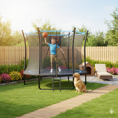 8-Foot Trampoline Equipped with Protective Enclosure Net and Ladder, Outdoor Jumping Platform for Young Children and Toddlers, Ideal for Backyard Recr
