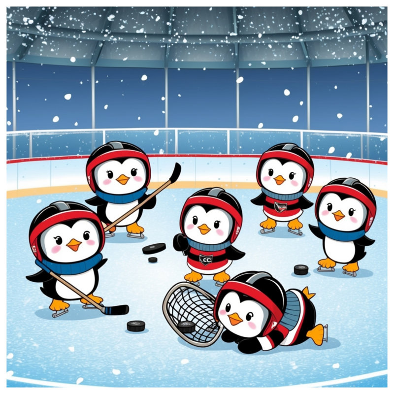 Pingouins jouant aux couvertures de hockey, L 50 po x H 60 po