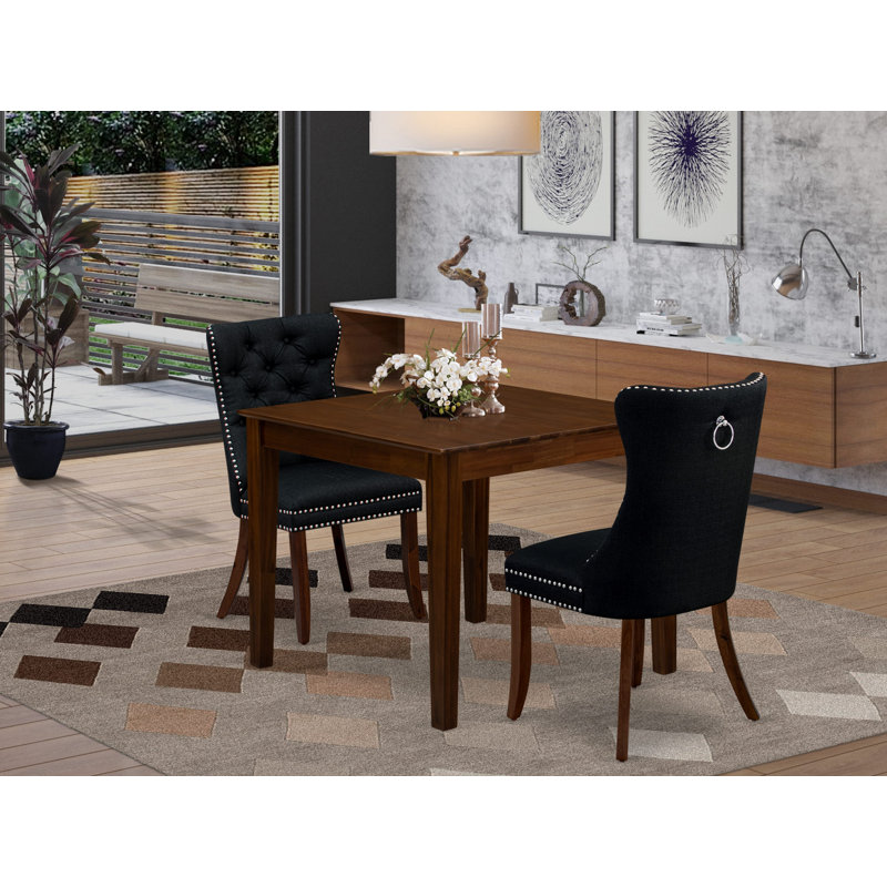 Ensemble de coin-repas 3 pièces pour petits espaces comprenant une table de cuisine carrée et 2 chaises Parson rembourrées en tissu de polyester, noyer antique