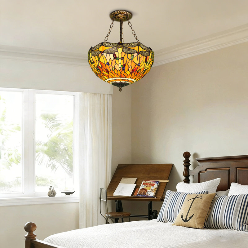 Dragonfly Pattern Tiffany Style Stained Glass Bowl Pendant Light With 3-light E26 Warm Illumination