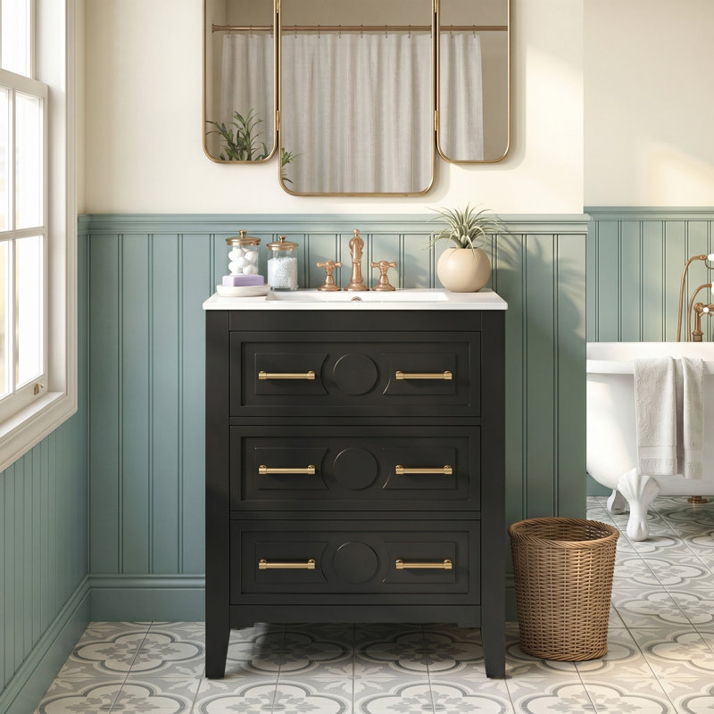 24 Inch Solid Wood & MDF Free Standing Bathroom Vanity, White, 3 Drawer Storage, Ceramic Sink, White Basin, Pre-drilled for 4" Centerset Faucet
