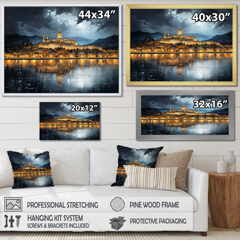 Ville française de Lyon, paysage sur toile, Cadre simple noir, H 24 po x l 32 po x P 1 po