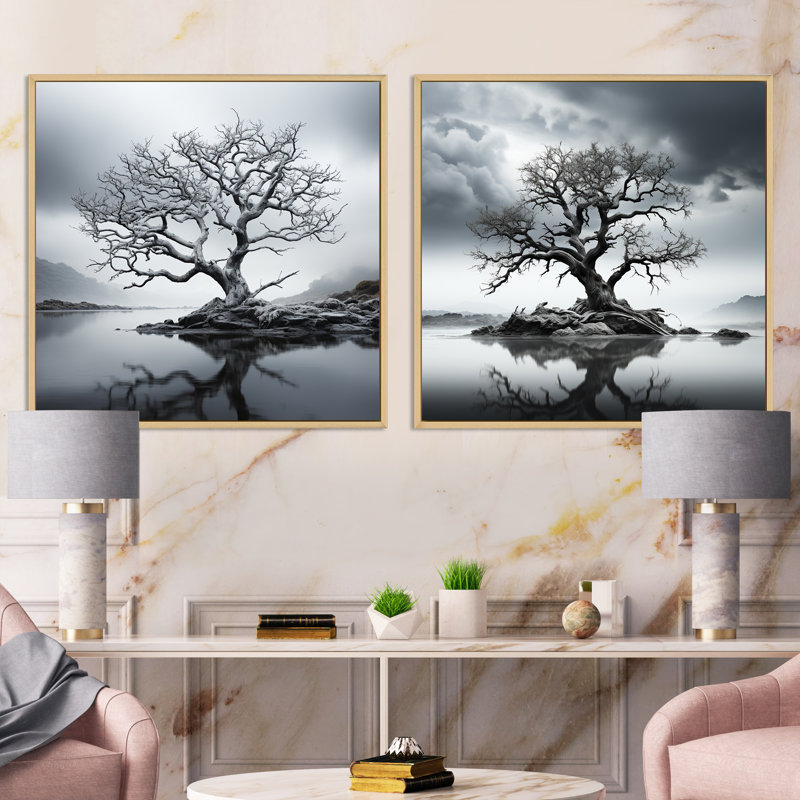 «Stormy Grays Tree Emotion», 2 pièces, Encadrement brun, H 30 po x l 61 po