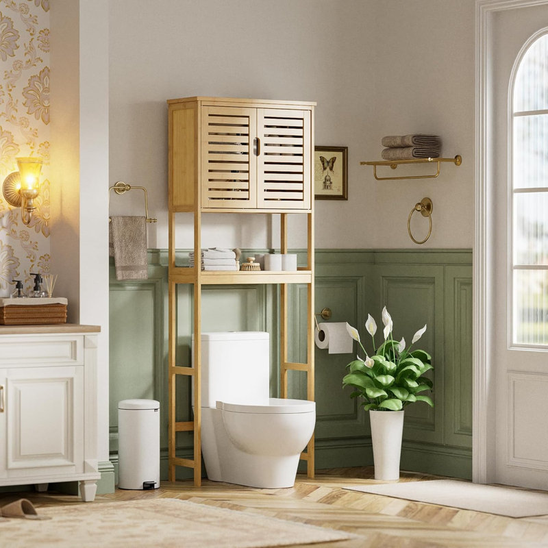 Bathroom Over The Toilet Storage Cabinet, 2 Door Bamboo Cabinet Organizer, Freestanding Space Saver Toilet Rack With Adjustable Inside Shelf And Open Shelf