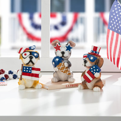 4.5"H Set Of 3 Patriotic / Americana Resin Dog Table Décor