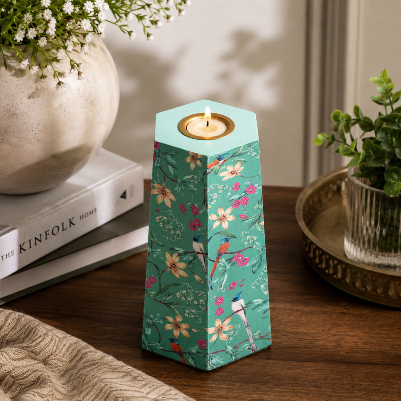 Porte-bougie hexagonal aqua, H 7 po x l 3,5 po x P 4 po
