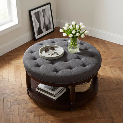 Large Round Tufted Upholstered Ottoman Coffee Table with Wooden Storage Shelf