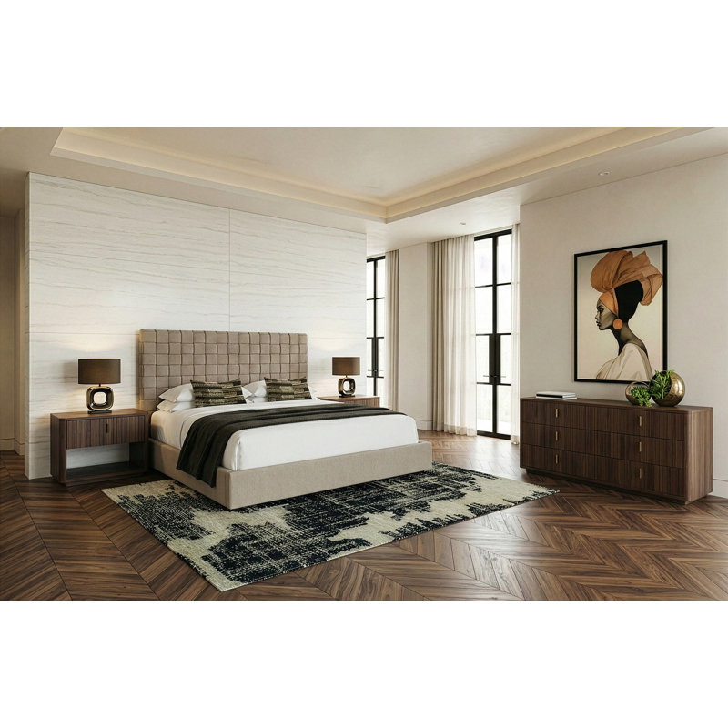 Ensemble de chambre à coucher 4 pièces en tissu taupe moderne et noyer Rousey + Roma