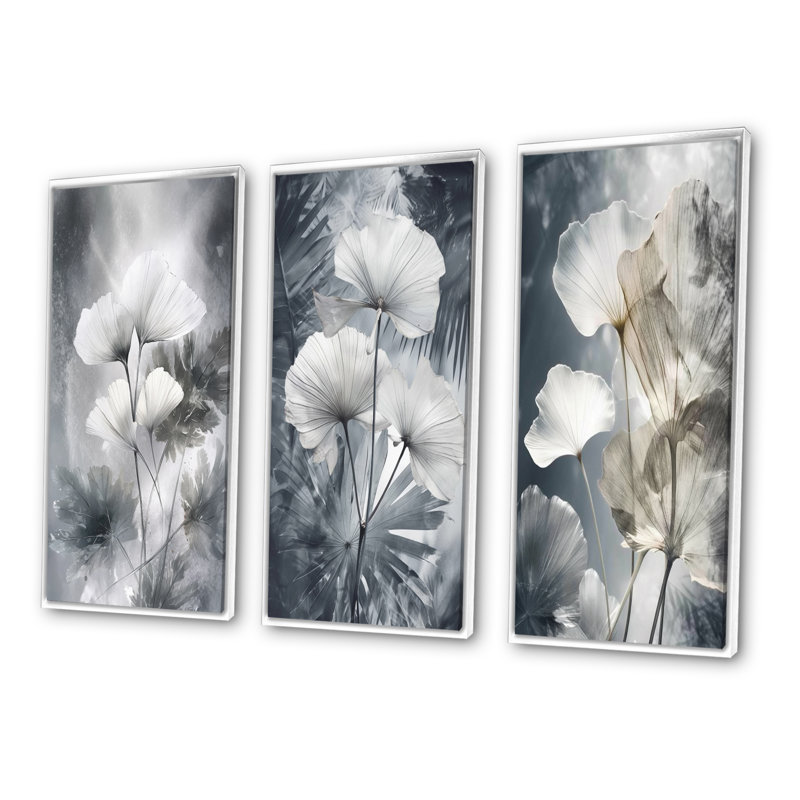 3 pièces sur toile - Art de palmier tropical pour art ginkgo, Cadre flottant blanc, H 28 po x l 36 po