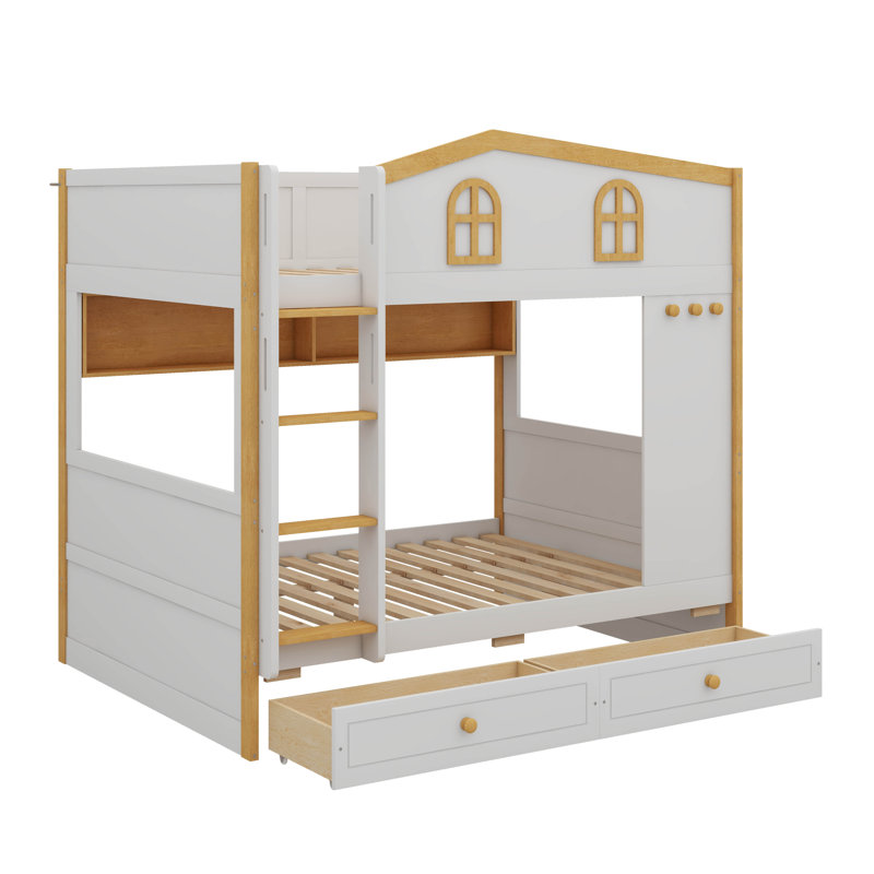 Lit superposé inspiré d'une maisonnette avec tiroirs de rangement, lit superposé en bois équipé de tablettes de rangement, lits superposés avec échelle pour maisonnette