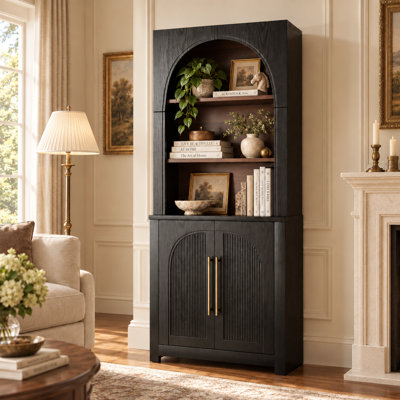 Vitrine moderne cintrée de 180 cm (70,87 po) avec armoire de rangement, étagères ouvertes à plusieurs niveaux et portes cintrées pour salon et bureau à domicile