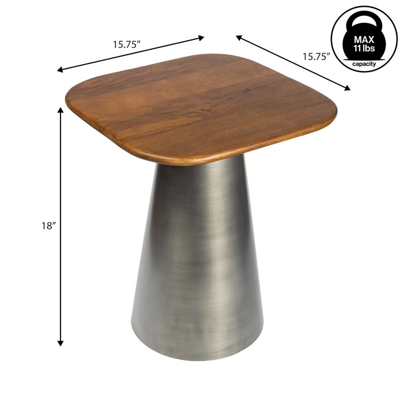 Table de bout carrée en bois de manguier massif de 18 po Skye, Plateau en bois de miel / base en nickel oxydé