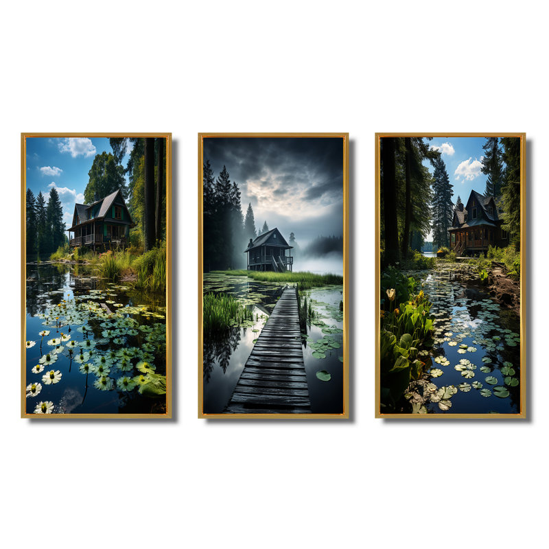 «Lakehouse Whispering Waters», 3 pièces sur toile, Encadrement doré, H 20 po x l 36 po