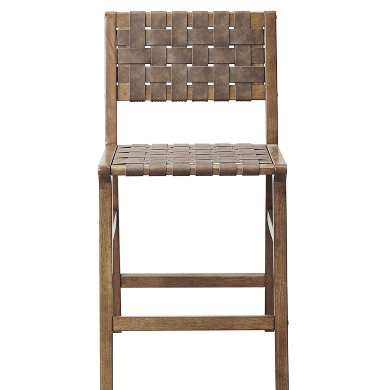 Tabouret de comptoir en similicuir tissé de 24 po de hauteur, structure en bois massif au fini pacane, esthétique Mid Century, capacité de 300 lb, pieds, attrait moderne, poids supporté