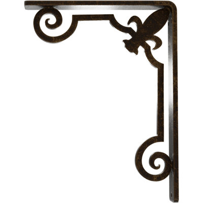 1 1/2"W x 5 1/2"D x 8"H Fleur De Lis Wrought Iron Bracket, (Single center brace), Antiqued Brass