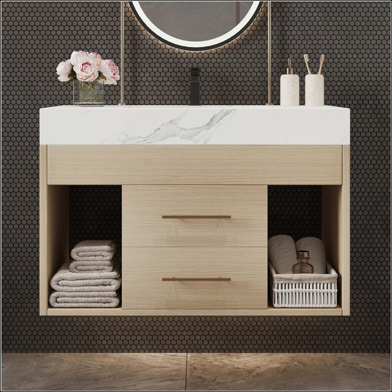 Meuble-lavabo mural 29,9 po avec plateau en pierre frittée, Bois, White
