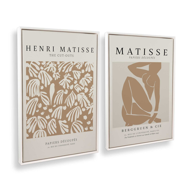 Ensemble de 2 Matisse The Parakeet et Nus Brun, H 19 po x l 26 po, Cadre flottant blanc opaque